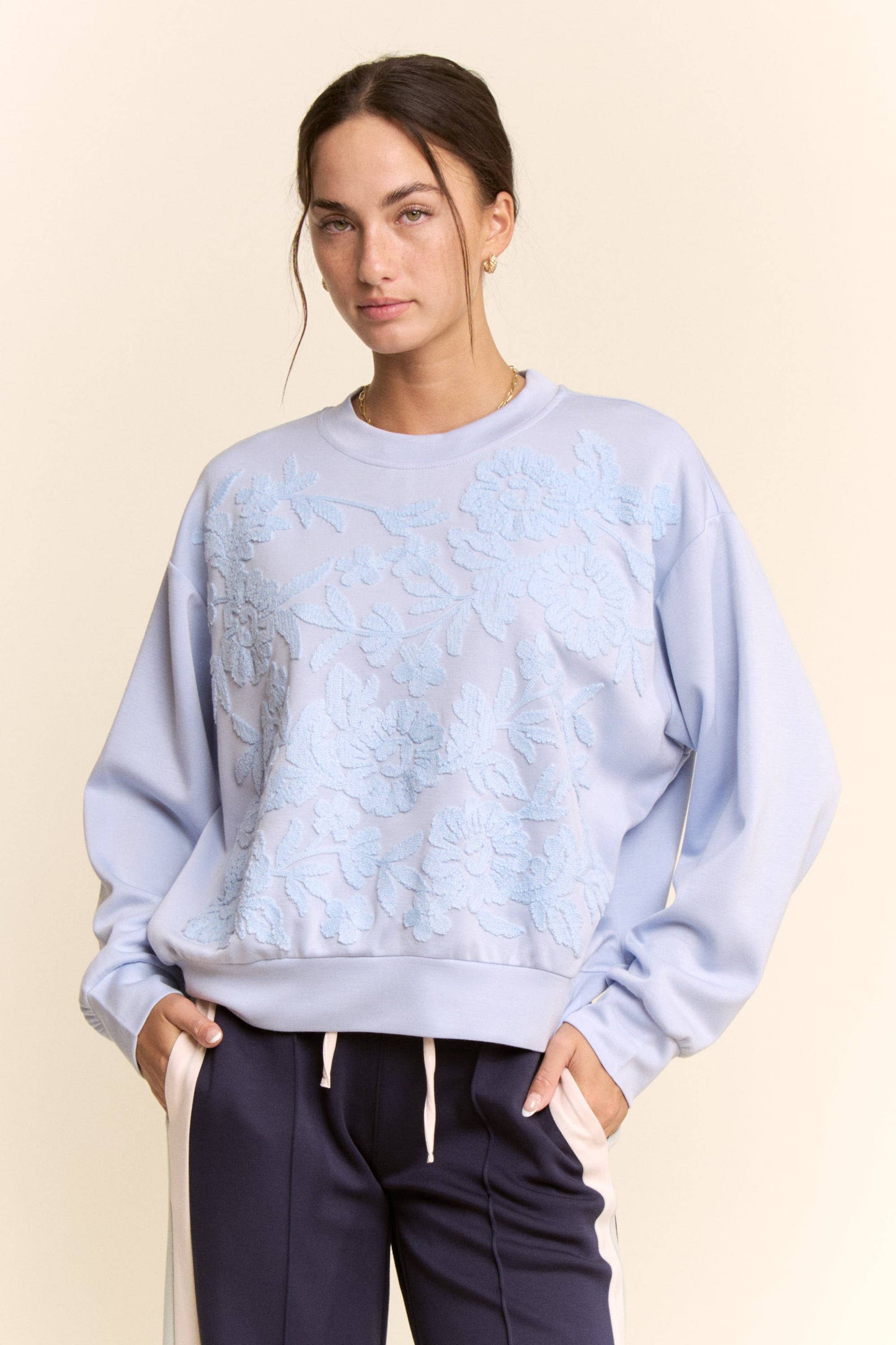 Davi & Dani - SHEER FLORAL FRONT EMBROIDERY ON SELF SWEATSHIRT