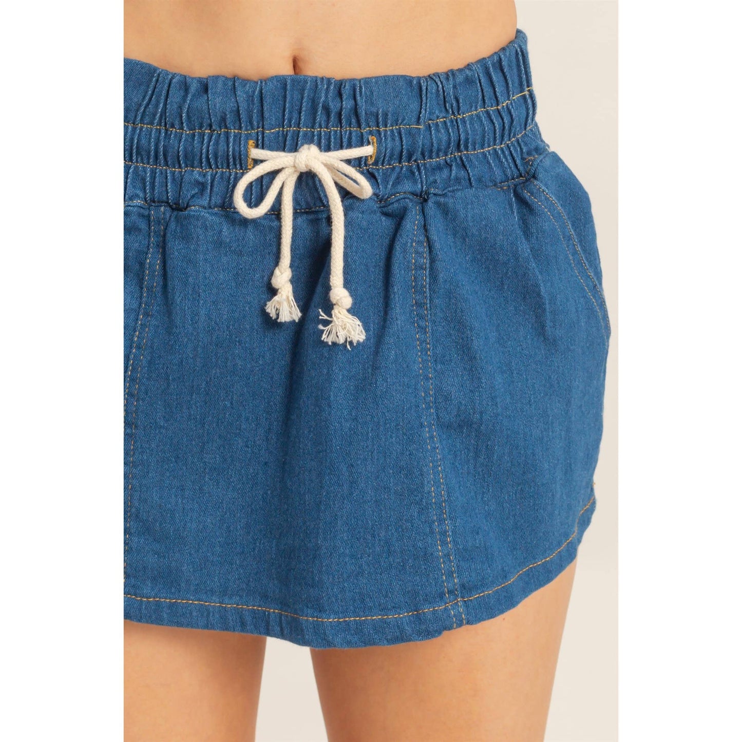 Drawstring Waist Denim Skort
