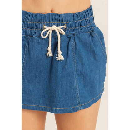 Drawstring Waist Denim Skort