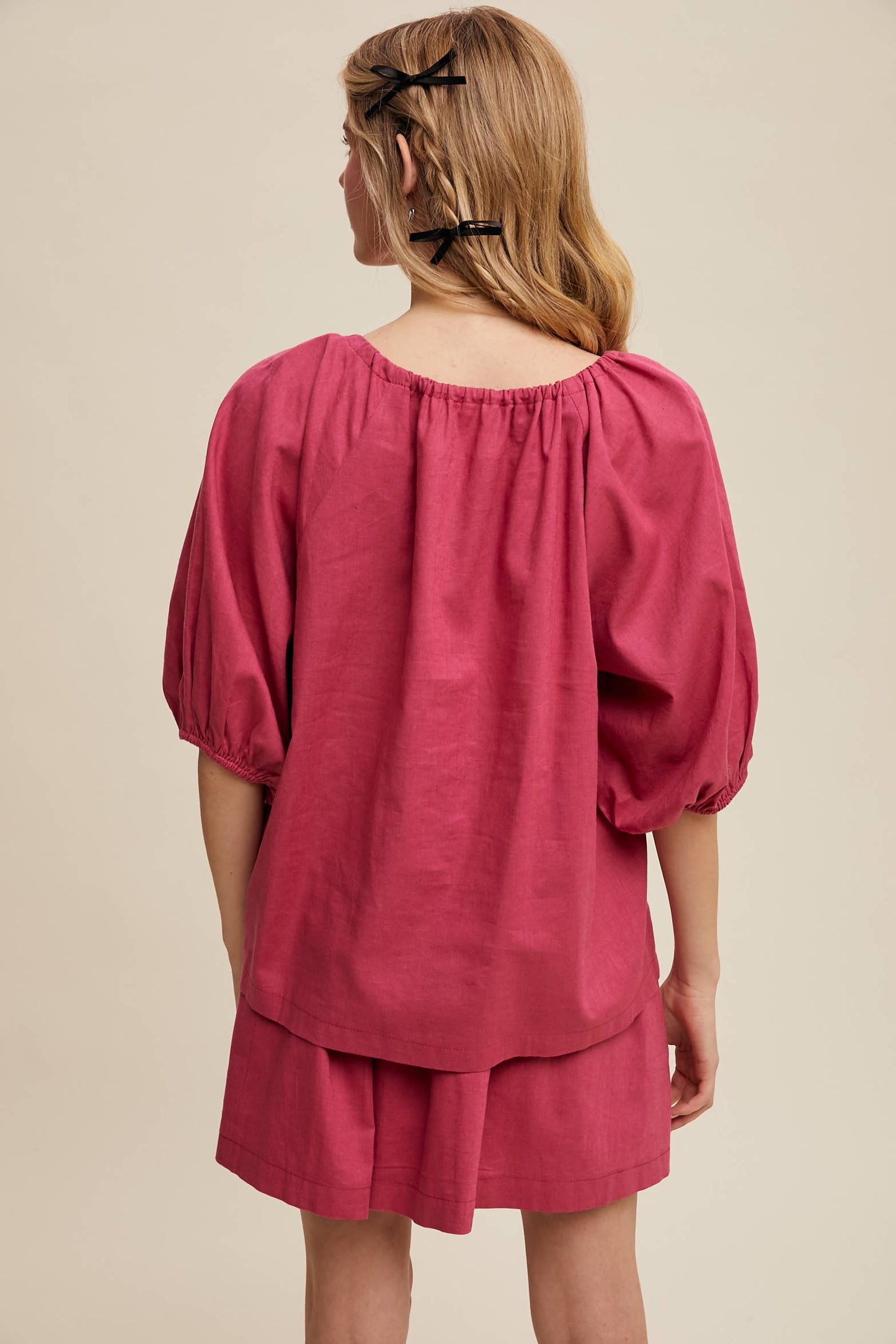 Listicle - Linen Puff Sleeve Blouse & Pleated Skirt Set