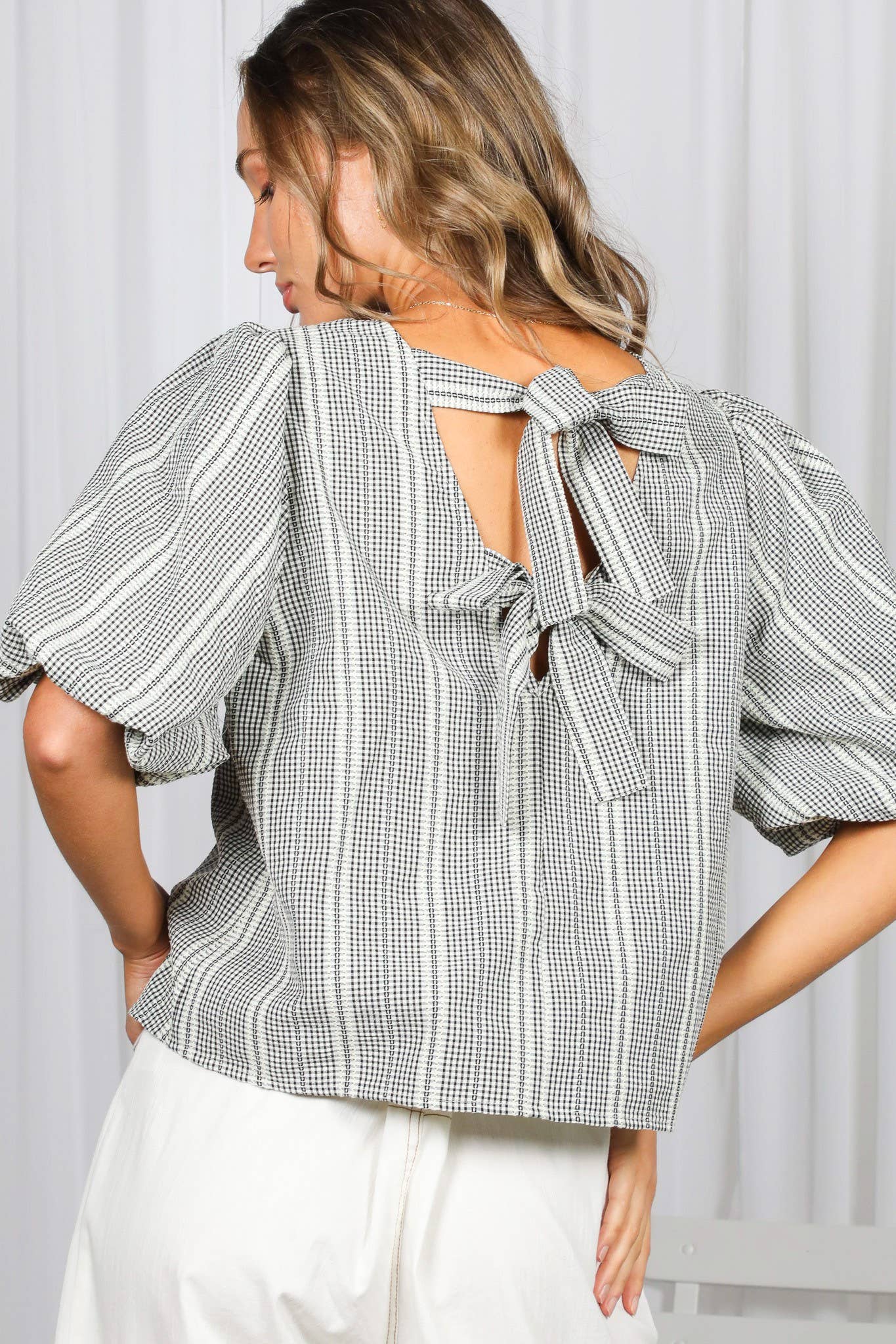 V-Back 2 Bow Accent Feminine Plaid Blouse Top
