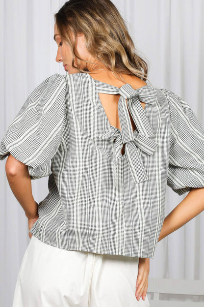 V-Back 2 Bow Accent Feminine Plaid Blouse Top