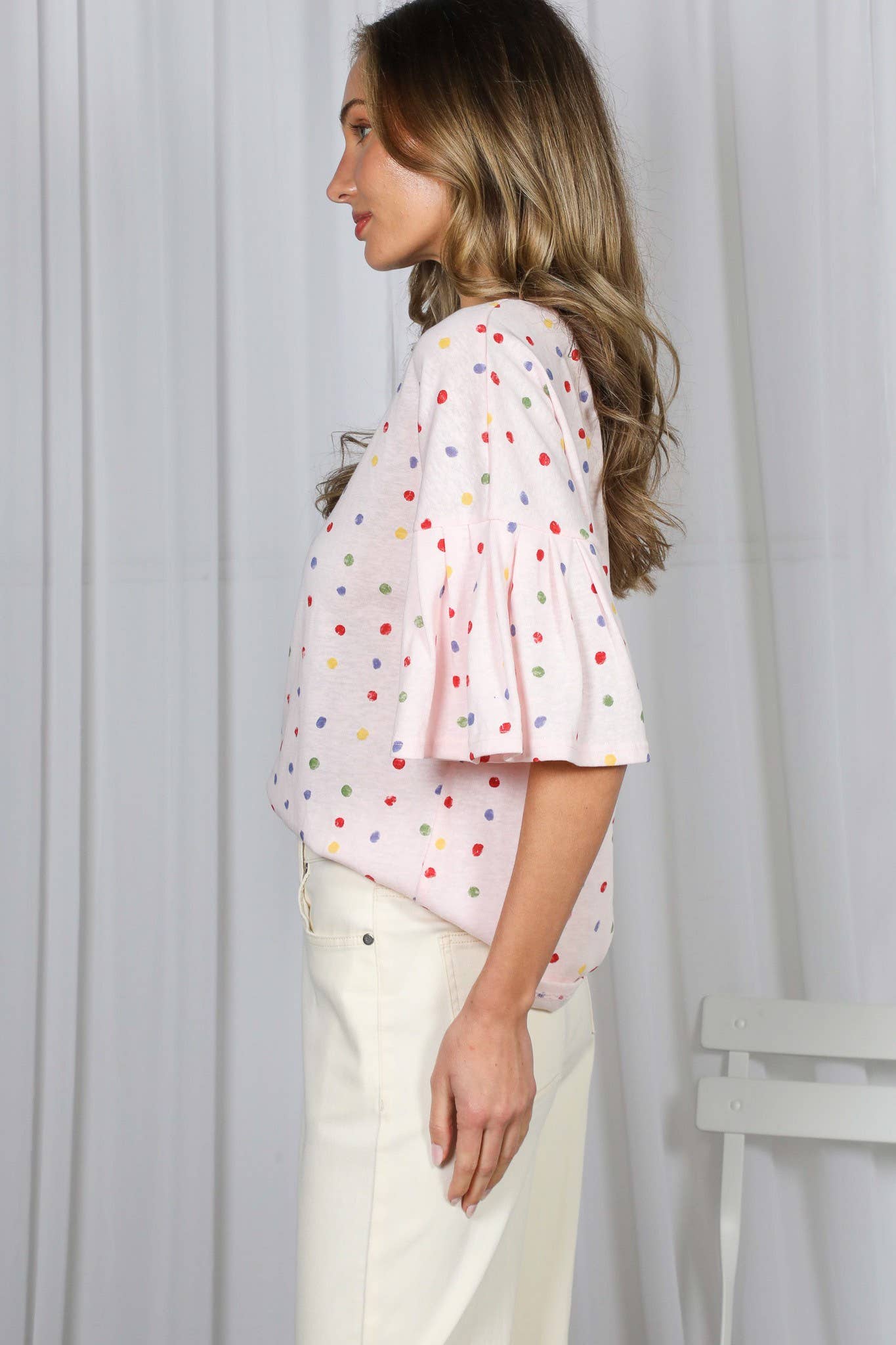 Vine & Love - Colorful Polka Dot Short Ruffle Sleeve Knit Top VT82765A