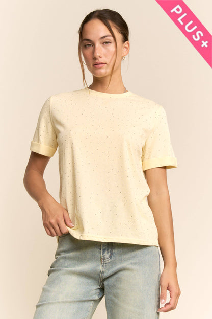 Davi & Dani - PLUS RHINESTONE EMBELLISHED RELAXED CREW NECK TEE