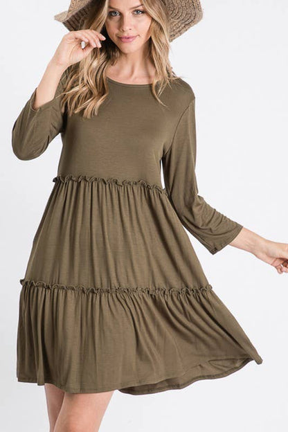 BLACK SOLID DRESS WITH RUFFLE DETAIL