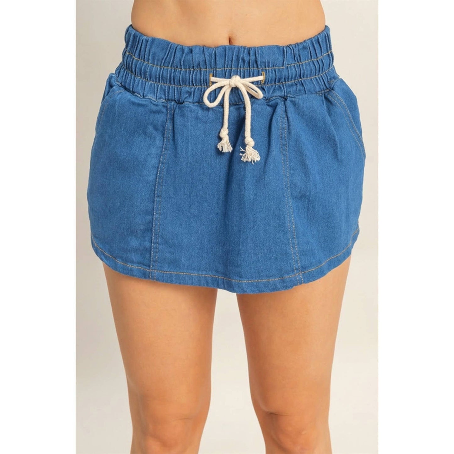 Drawstring Waist Denim Skort
