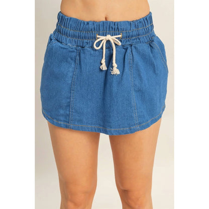 Drawstring Waist Denim Skort