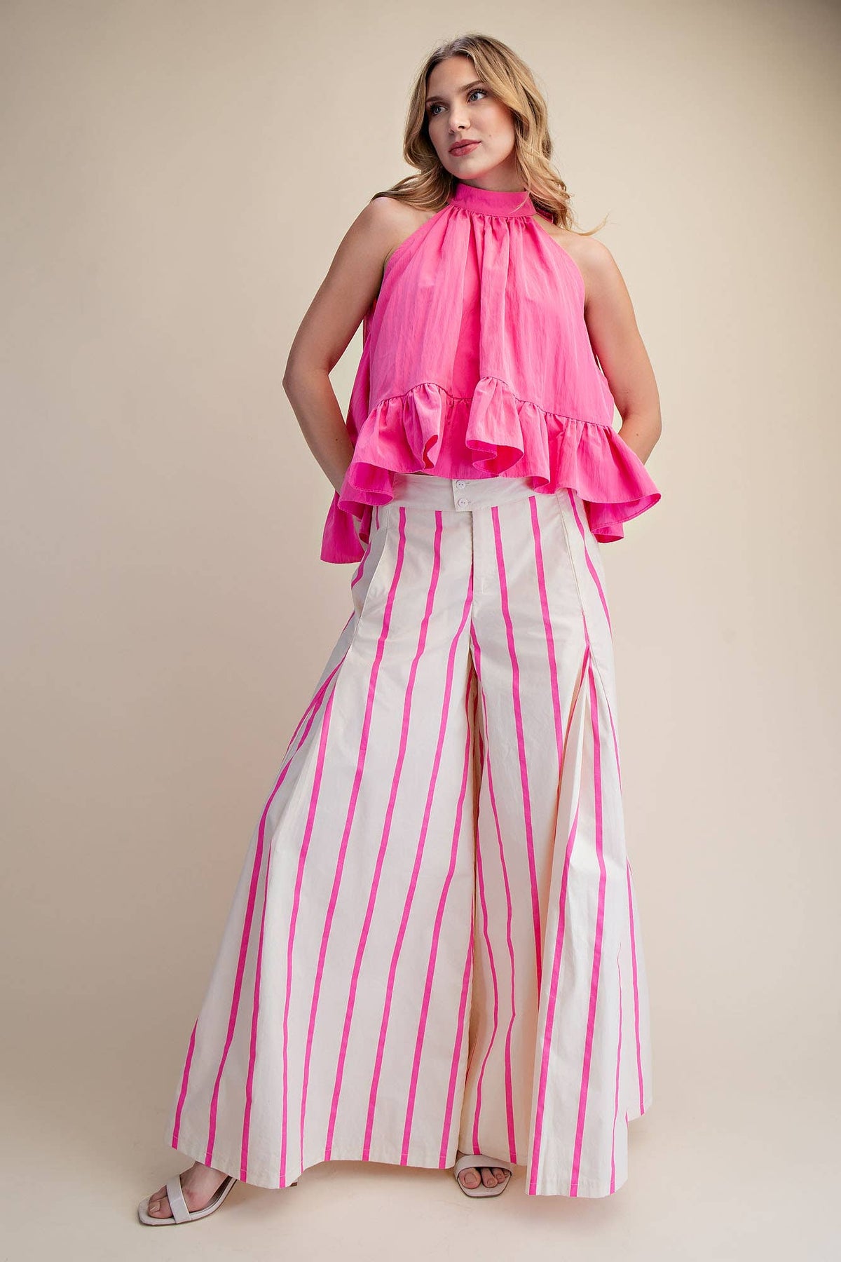 Glam - Halter Neck Sleeveless Back Neck Tie Ruffle Top