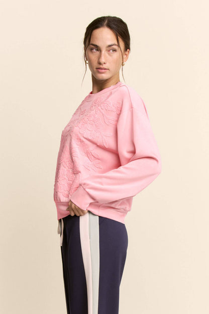 Davi & Dani - SHEER FLORAL FRONT EMBROIDERY ON SELF SWEATSHIRT