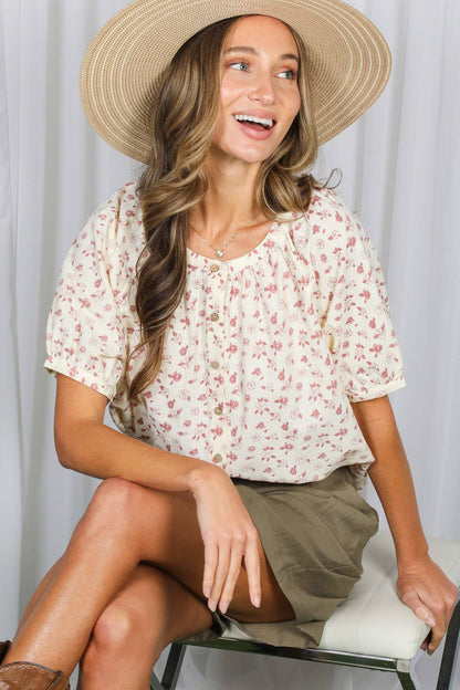 Vine & Love - Floral Print Round Neck 100%Cotton Blouse Top VT60716A
