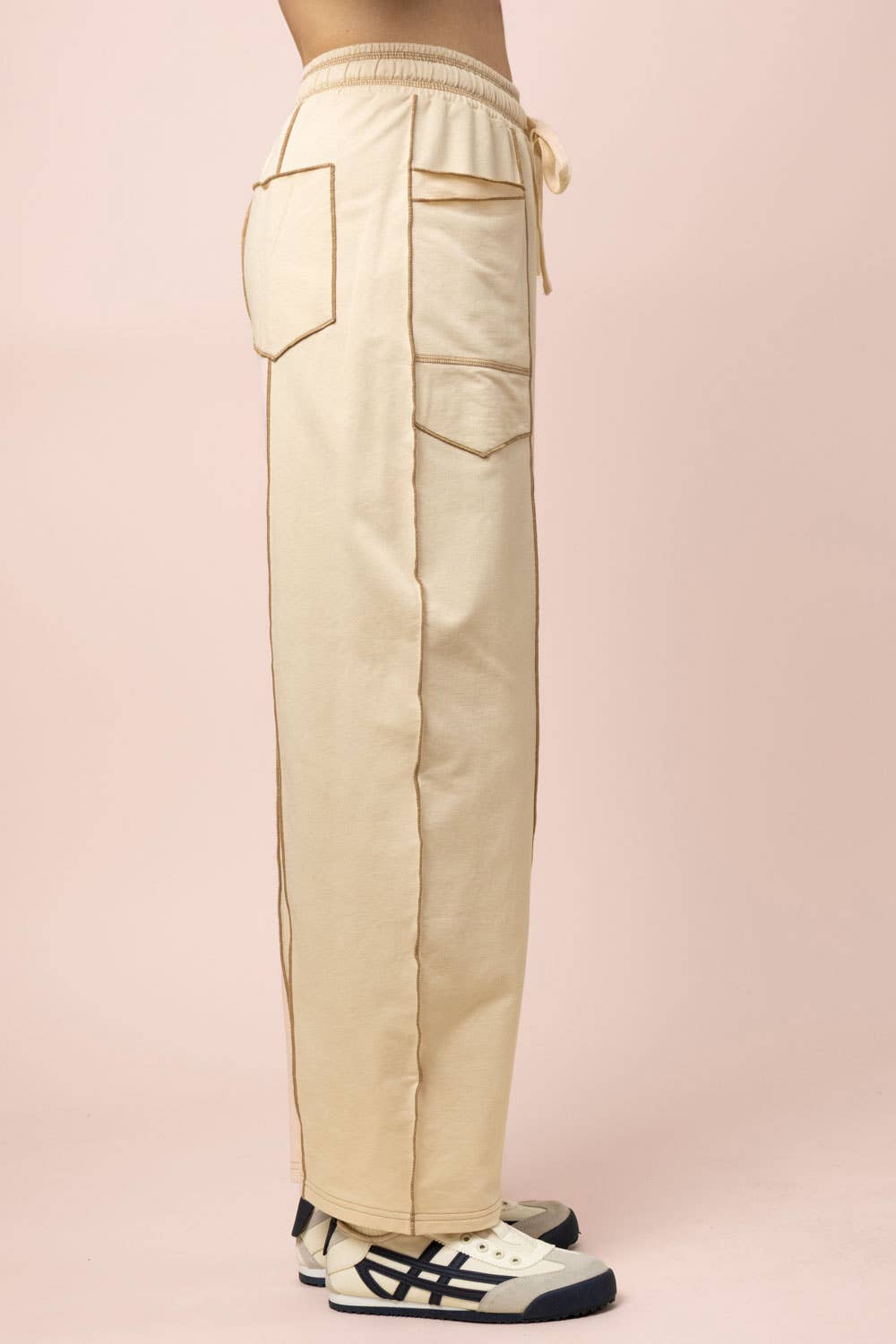 Cream Stitch Detail Casual Knit Pants