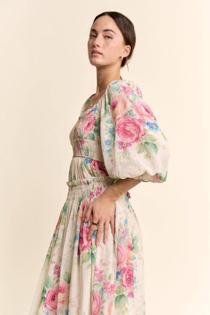 Davi & Dani - FLOWER PRINTED CHIFFON MAXI DRESS