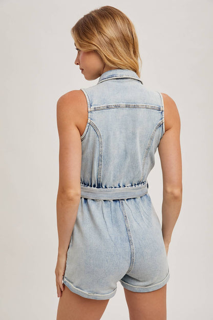 SLEEVELESS BUTTON DOWN BELTED DENIM ROMPER
