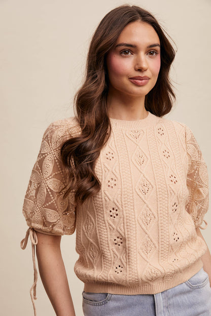 Listicle - Eyelet Puff Sleeve Knit Sweater Top