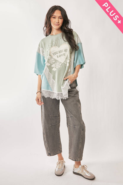 PLUS YOU ARE MY LOVE PRINT LACE SHORT SLEEVE TOP