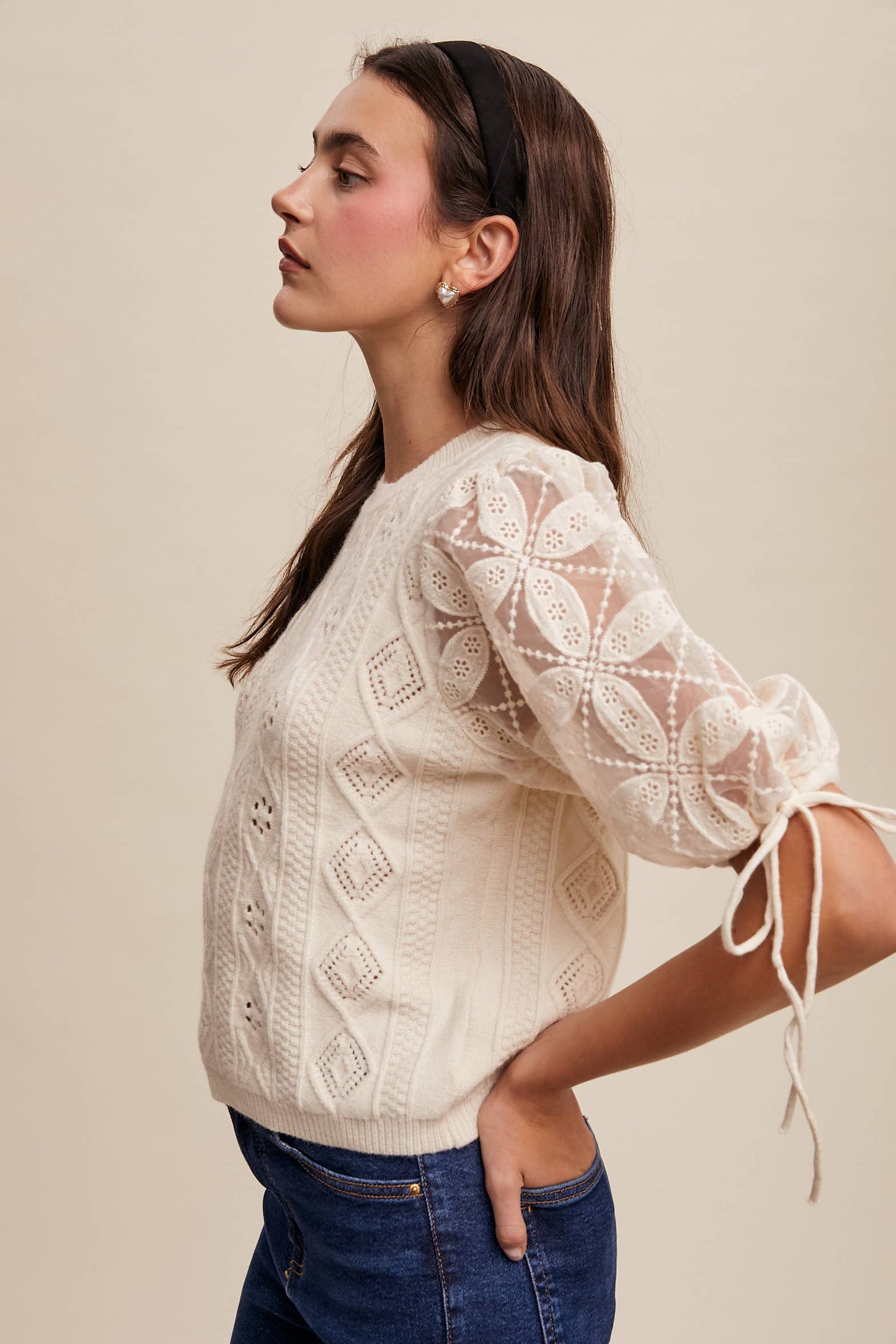 Listicle - Eyelet Puff Sleeve Knit Sweater Top