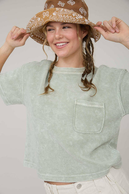 Washed Ribbed Short Sleeve Tee with Pocket