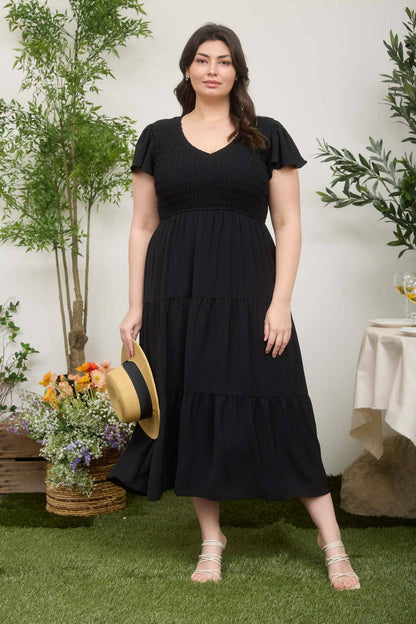 PLUS FLUTTER SLEEVE V NECK SMOCKED MIDI DRESS