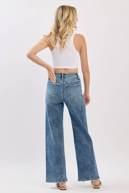 Petra153 - P1544W-MA HIGH RISE SLIM WIDE LEG W/ DESTROYED HEM JEANS