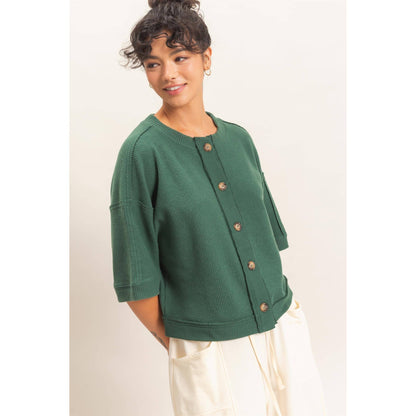 Button-Down Short Sleeve Waffle Top