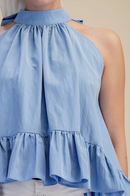 Glam - Halter Neck Sleeveless Back Neck Tie Ruffle Top