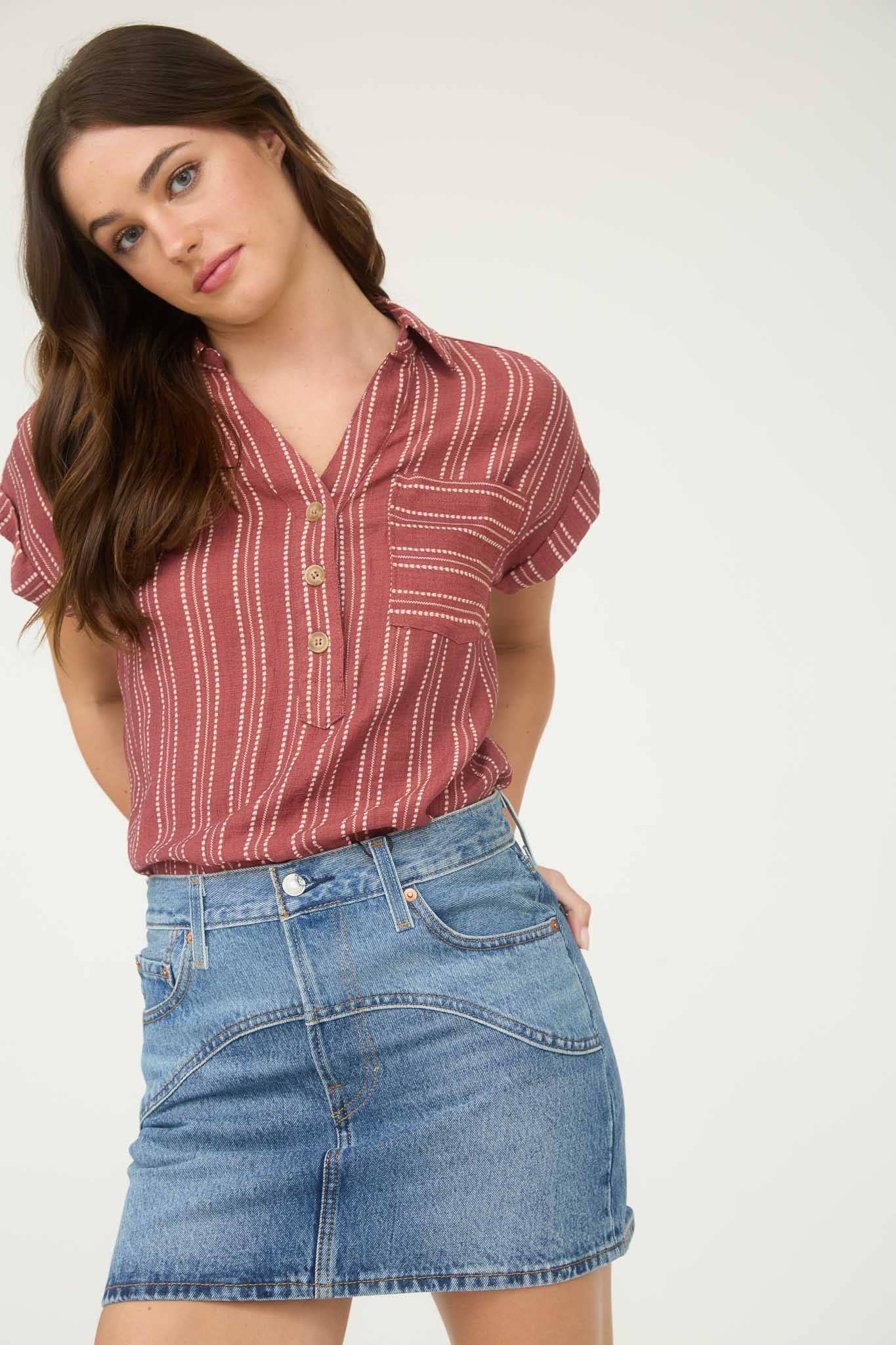 PLUS Stripe Half Button Collared Short Sleeve Top
