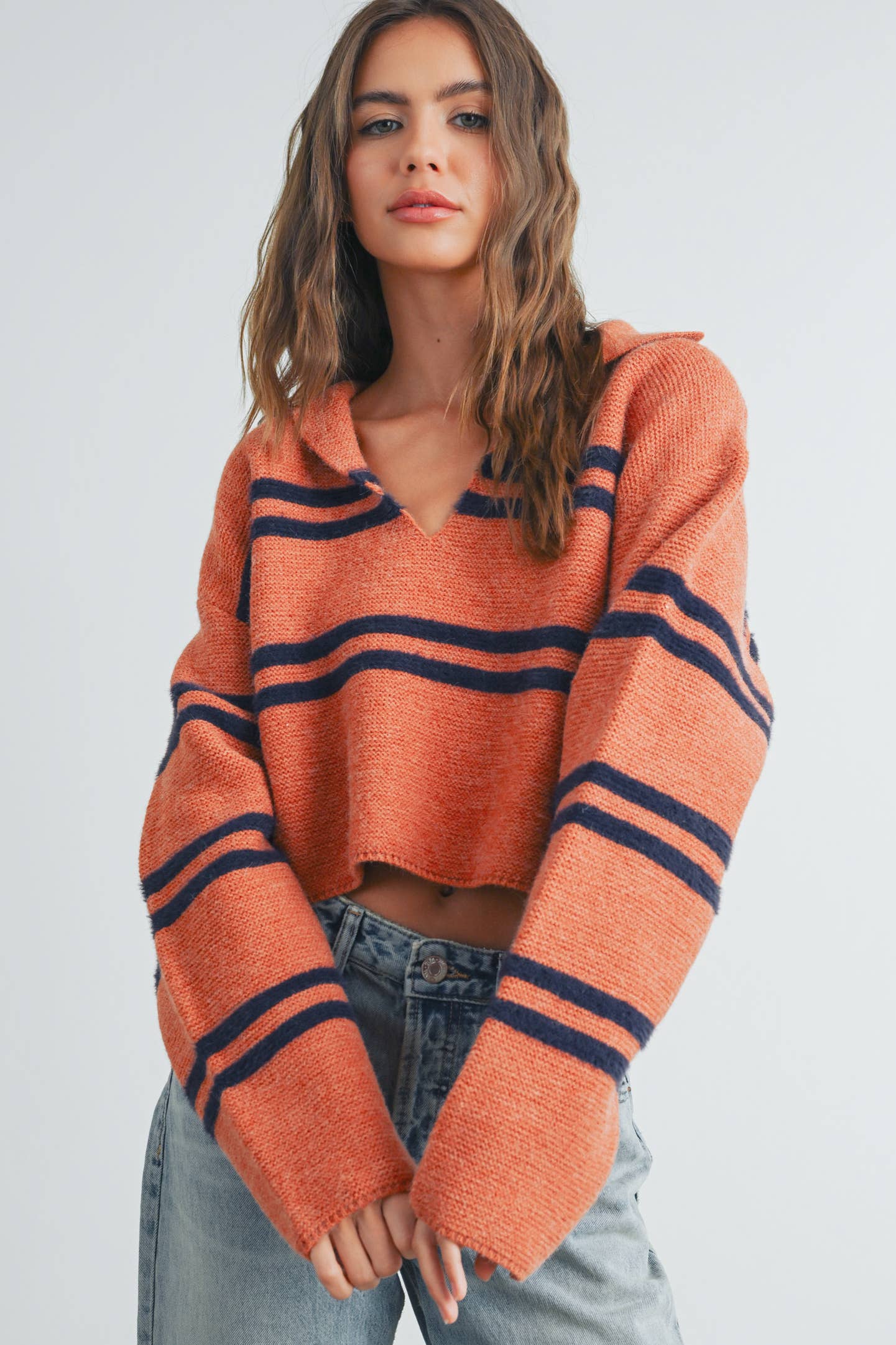 BUTTERMELON - Stripe Crop Collar Sweater Top - BMW7393
