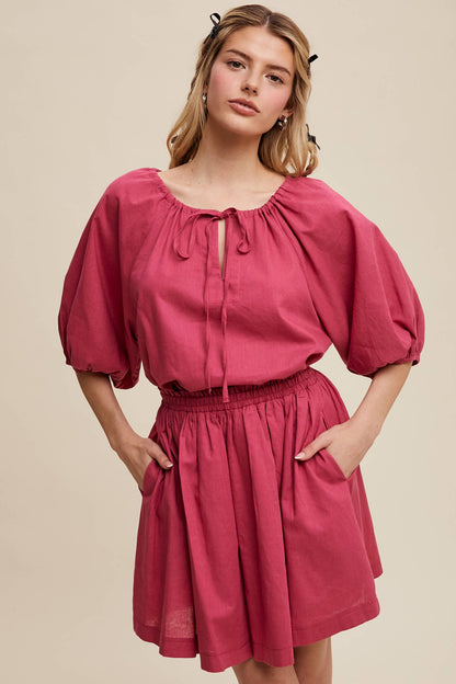 Listicle - Linen Puff Sleeve Blouse & Pleated Skirt Set