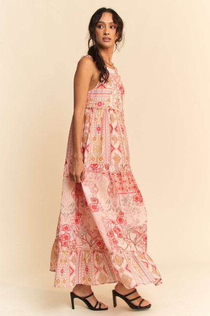 GEO FLORAL MIX SLEEVELESS TIRERED MAXI DRESS
