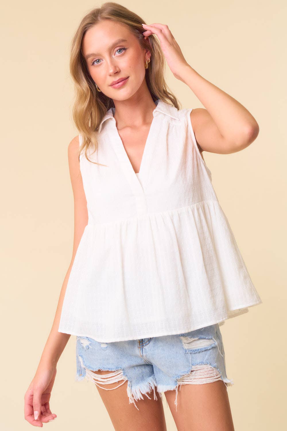 Textured Cotton Collared Split V-Neck Sleeveless