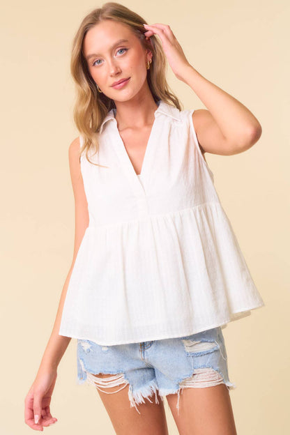 Textured Cotton Collared Split V-Neck Sleeveless
