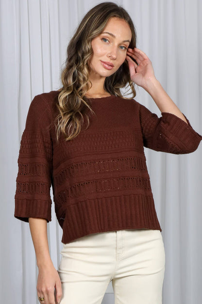 Vine & Love - Round Neck 3/4 Sleeve Crochet Knitted Sweater Top VT81853