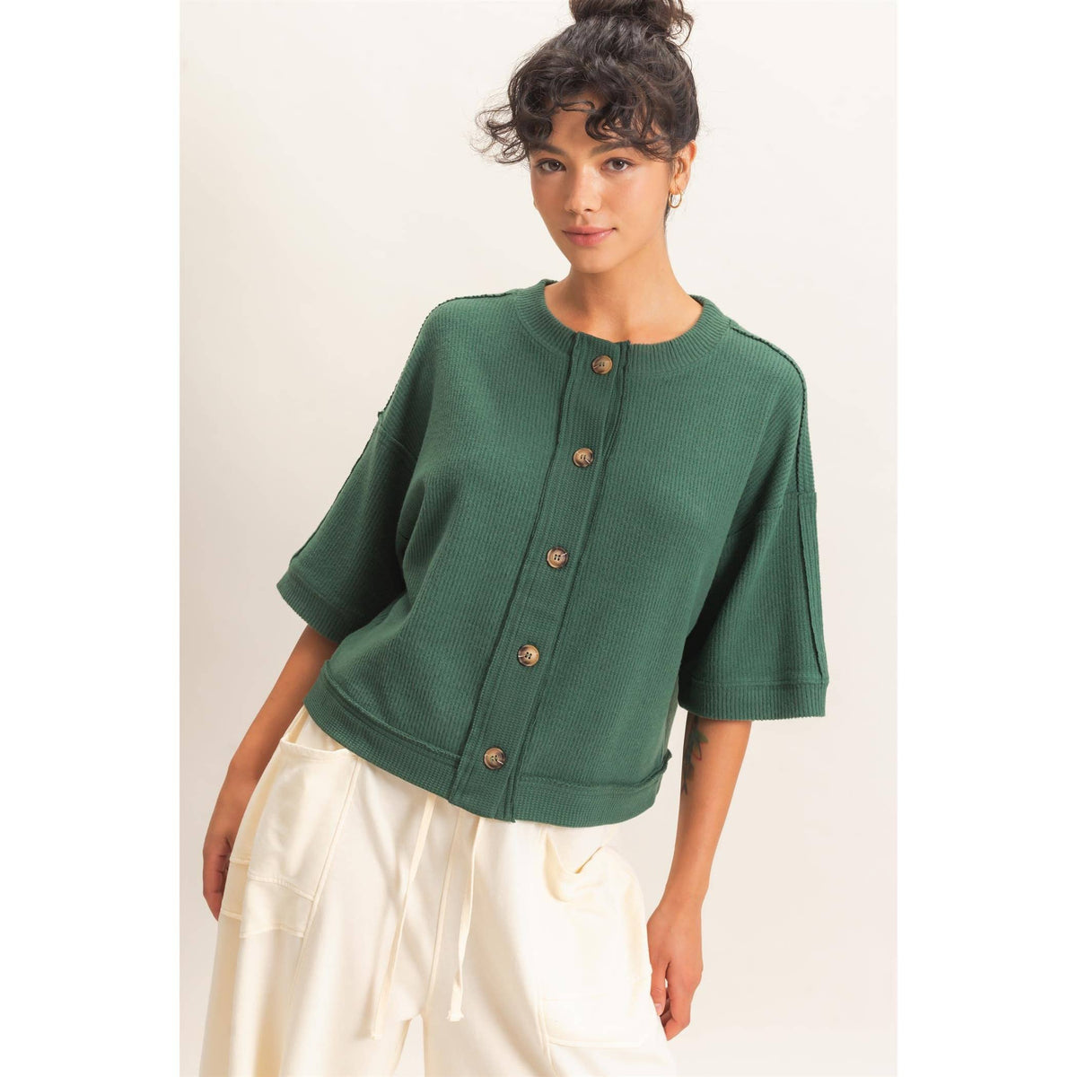 Button-Down Short Sleeve Waffle Top