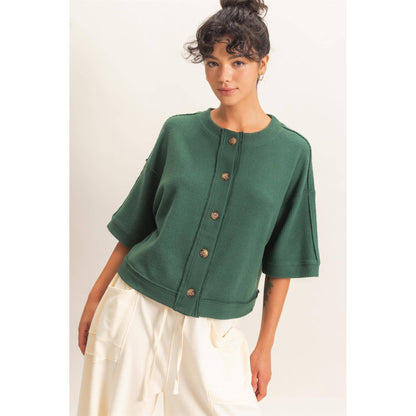 Button-Down Short Sleeve Waffle Top