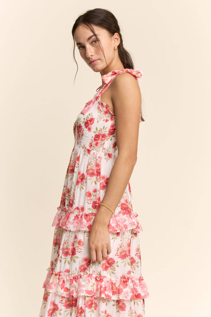 Davi & Dani - GARDEN FLORAL RUFFLE SMOCK SHOULDER MIDI DRESS