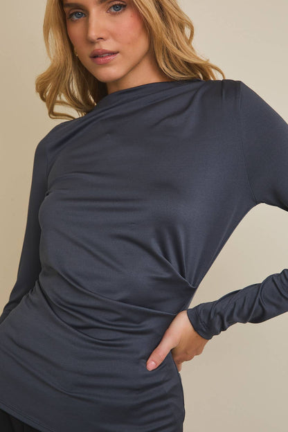 MOCK NECK LONG SLEEVE SHIRRING DETAIL TOP