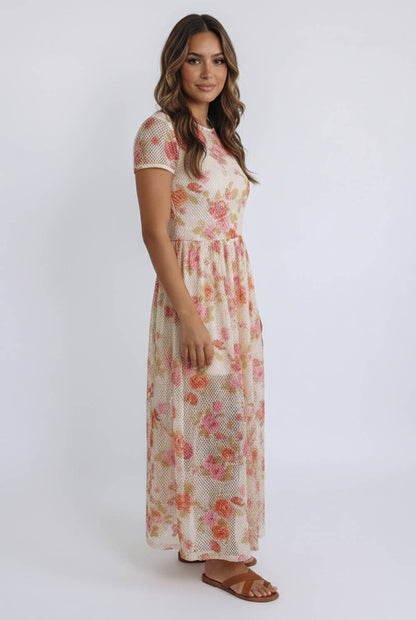 Kori America - FLORAL PRINT NETTED LINED MIDI DRESS