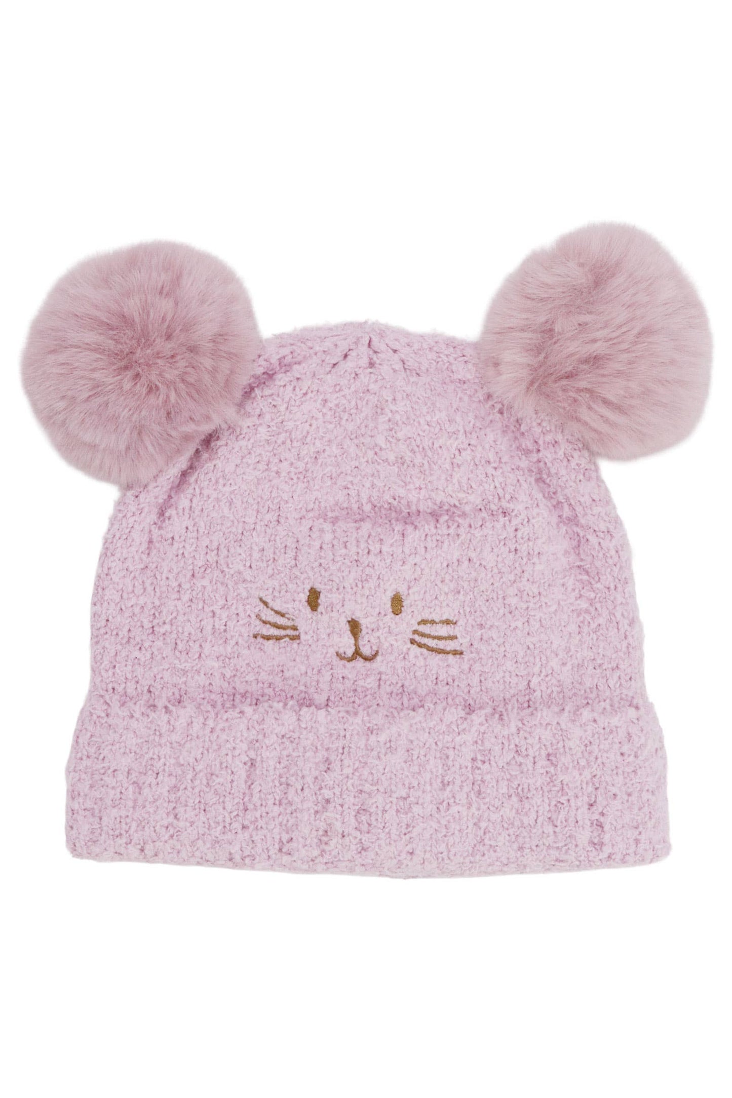 Cap Zone - Kids Kitty Cat Terry Fleece Double Pom Beanie