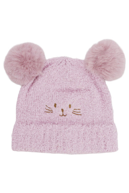 Cap Zone - Kids Kitty Cat Terry Fleece Double Pom Beanie