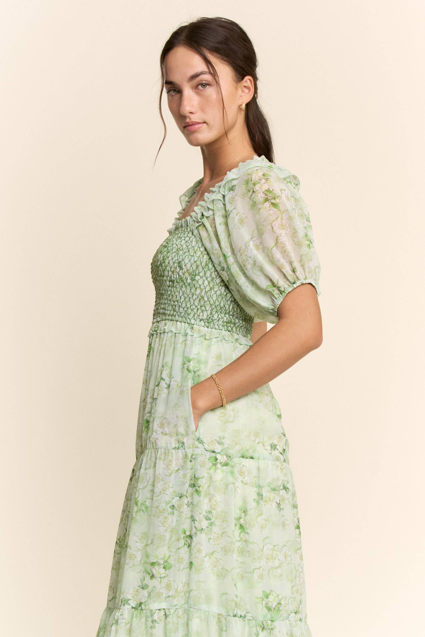 Davi & Dani - SMOCKED SQUARE NECK TIERED FLORAL MAXI DRESS