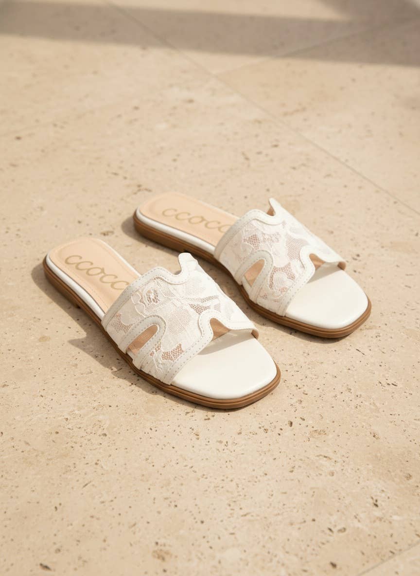CCOCCI - BRITNEY Lace Mesh Sandals  H-Cutout Square Toe Slides