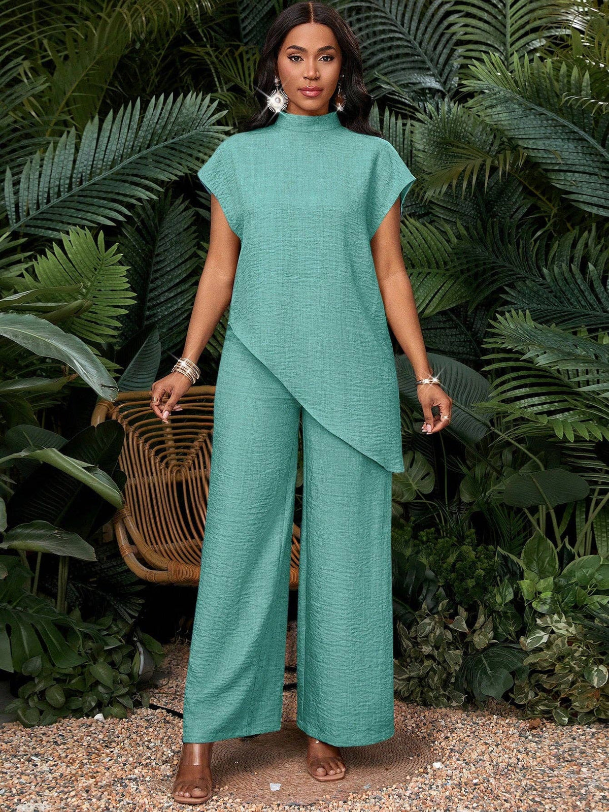 Suhkasana - Mock Neck Wide Leg Lounge Set Women Casual Matching Outfit