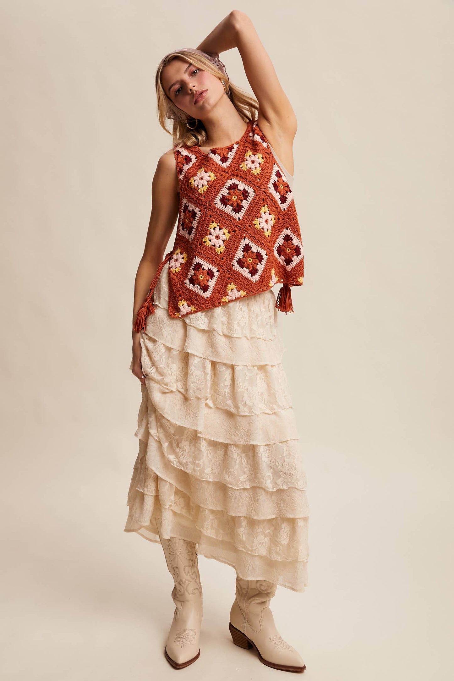 Crochet Granny Square Tassel Tie Vest
