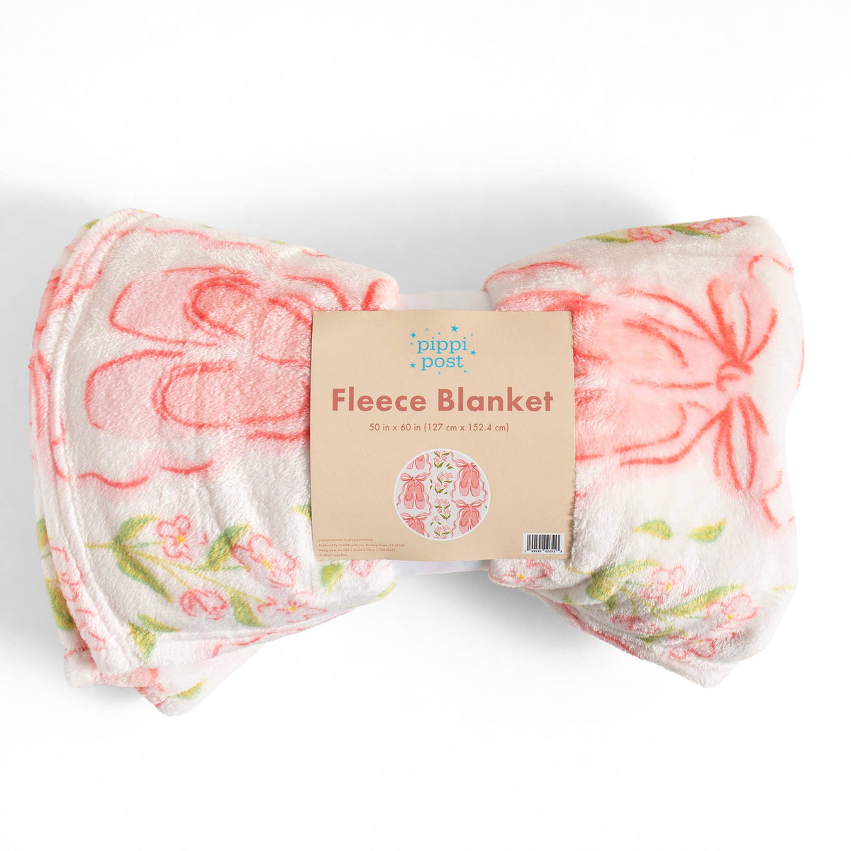 Pippi Post - Pink Ballet Slippers & Florals Fleece Throw Blanket