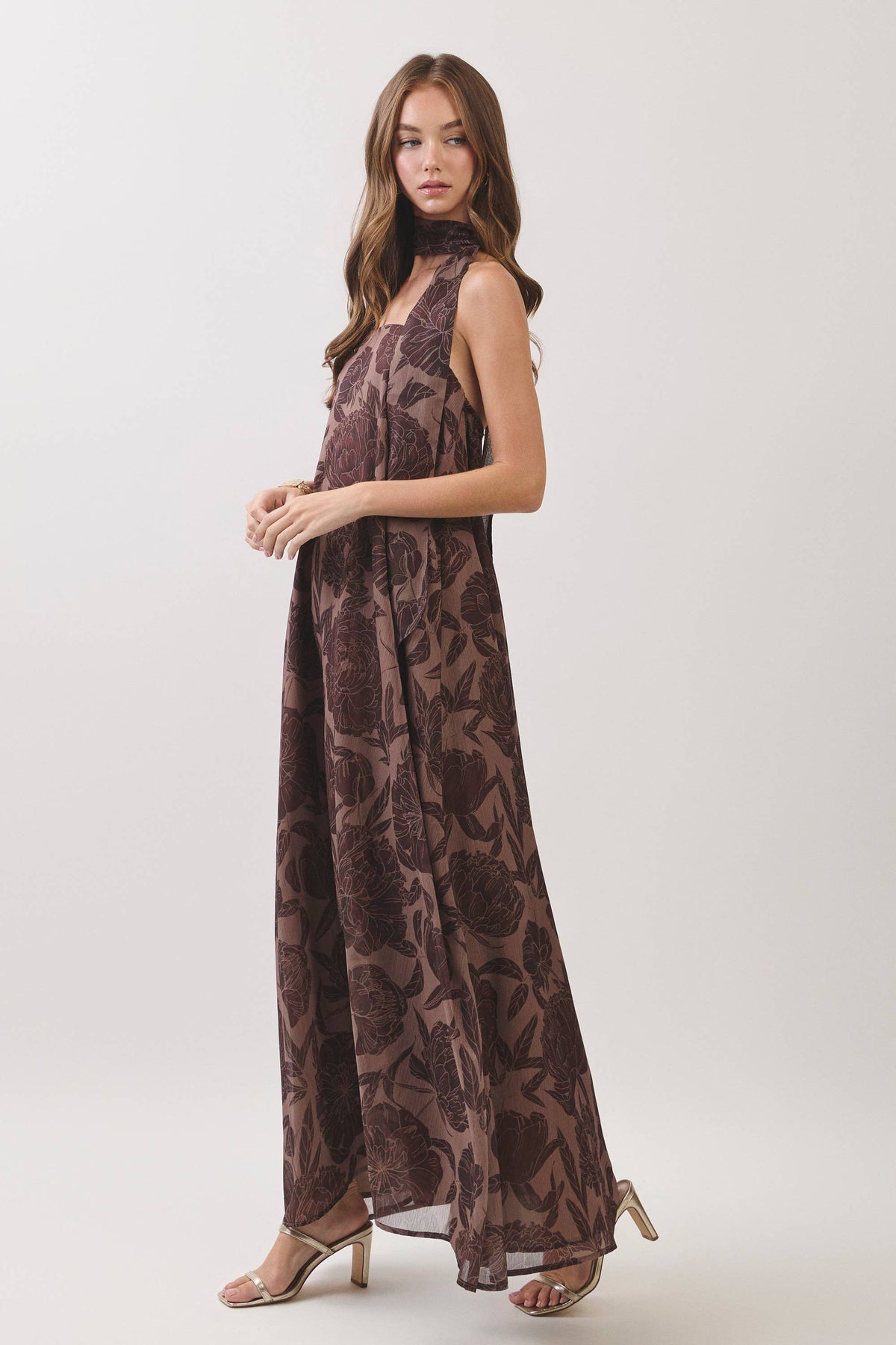 TCEC - CD07487-Floral Print Scarf Maxi Dress