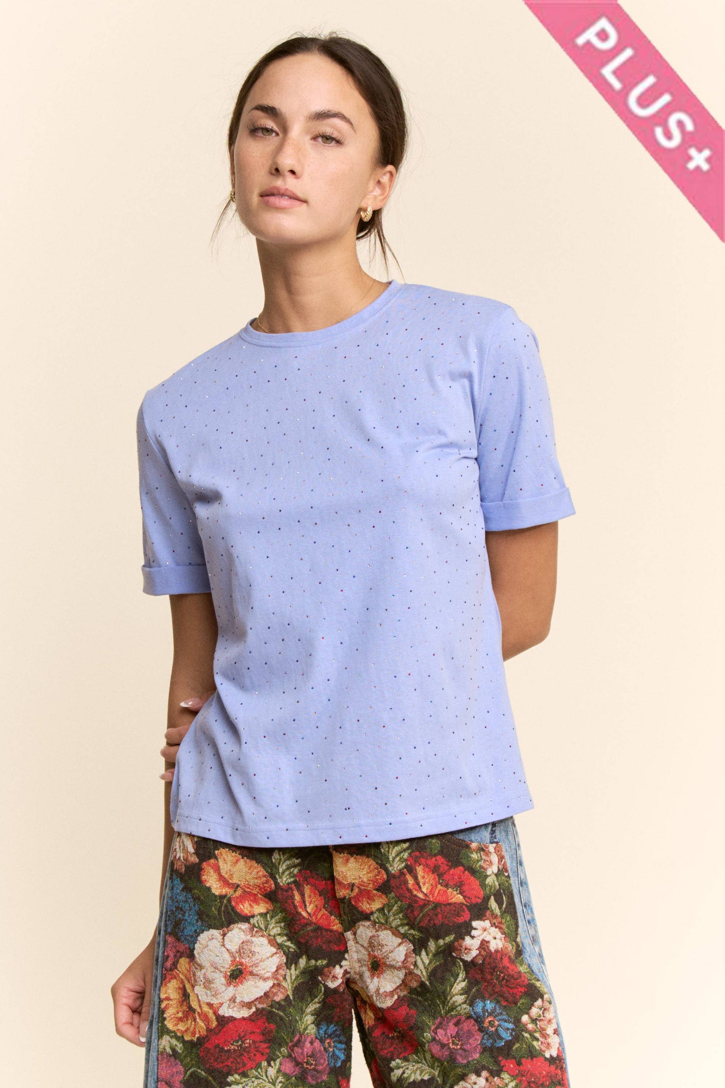 Davi & Dani - PLUS RHINESTONE EMBELLISHED RELAXED CREW NECK TEE