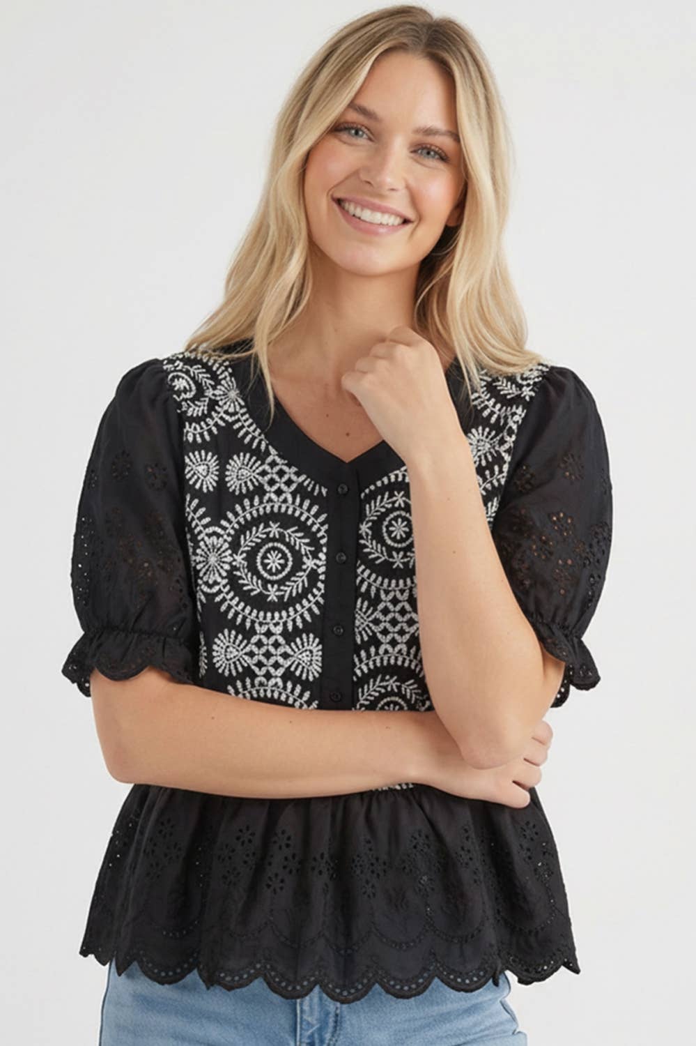 Kori America - BUTTON DOWN EYELET LACE SHIRTS BLOUSE