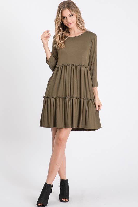 BLACK SOLID DRESS WITH RUFFLE DETAIL