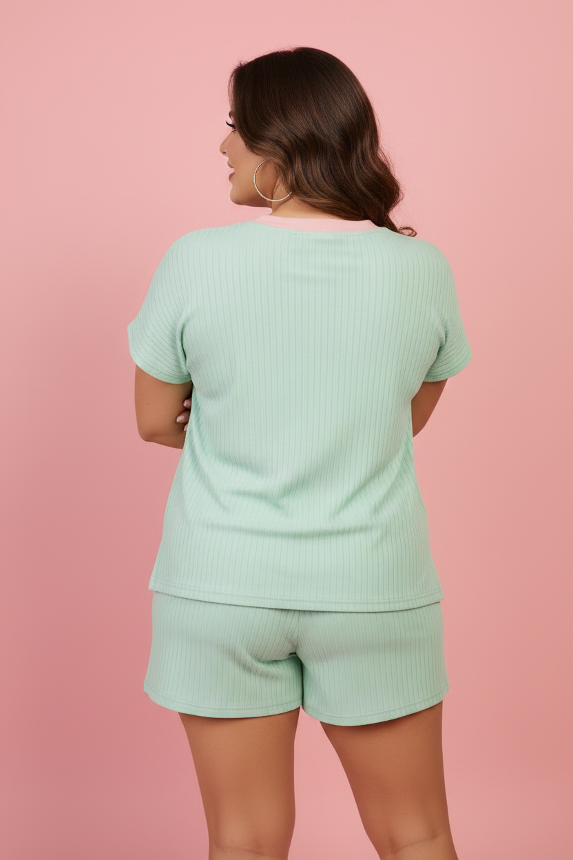 Plus Size Colorblock Trim Ribbed Top & Shorts Set