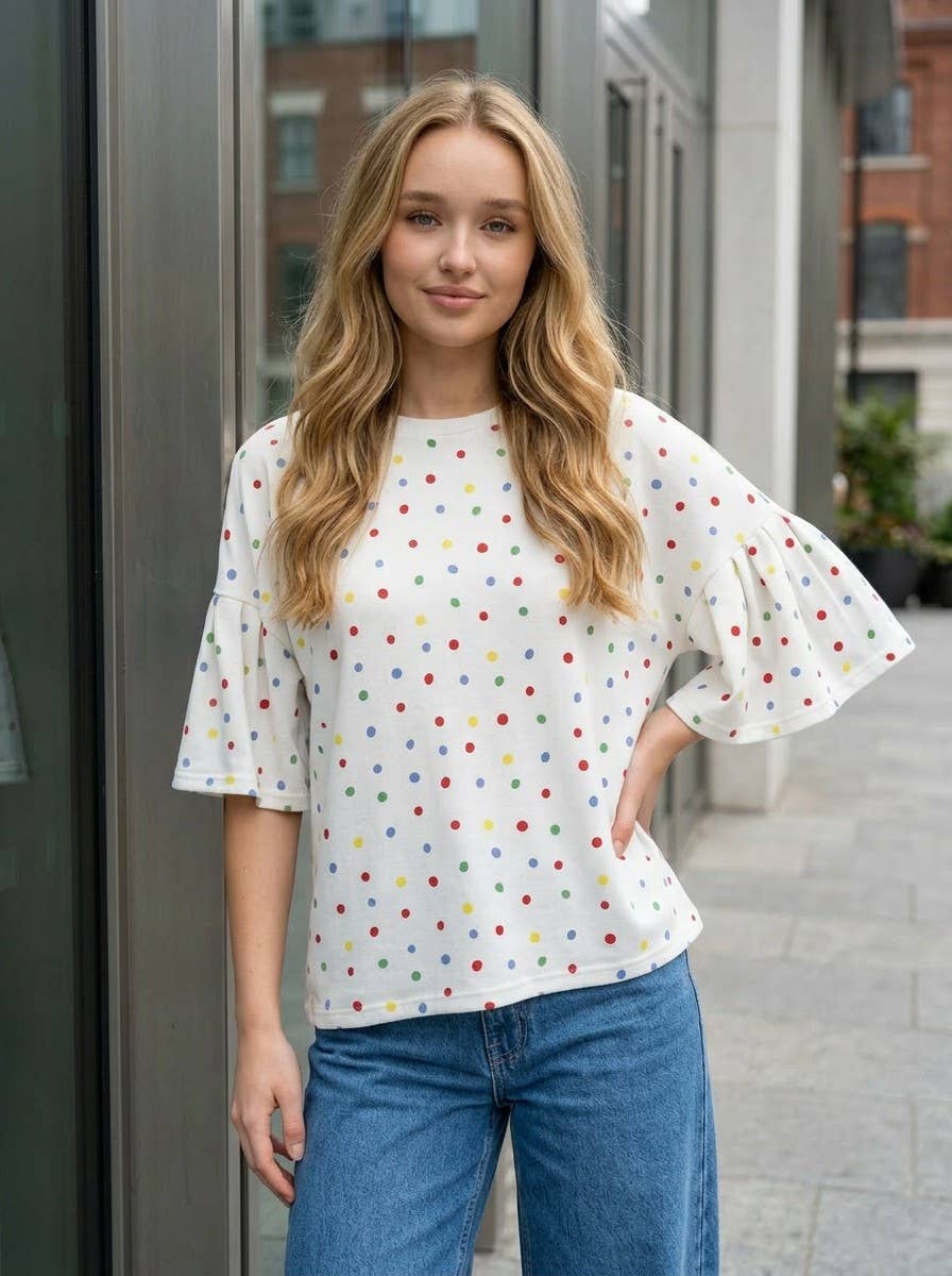 Vine & Love - Colorful Polka Dot Short Ruffle Sleeve Knit Top VT82765A